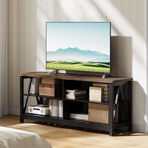 ChooChoo Farmhouse TV Stand for TVs up to 55 Inch  Modern Entertainment Center with 4 Open Shelves & Built in Cable Holes  Media TV Console for Living Room  Bedroom  Black