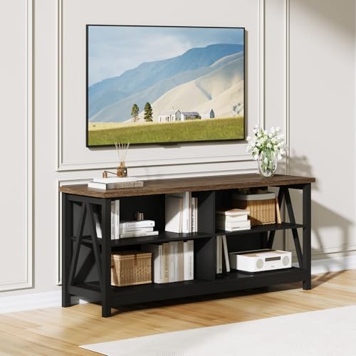 ChooChoo Farmhouse TV Stand for TVs up to 55 Inch  Modern Entertainment Center with 4 Open Shelves & Built in Cable Holes  Media TV Console for Living Room  Bedroom  Black