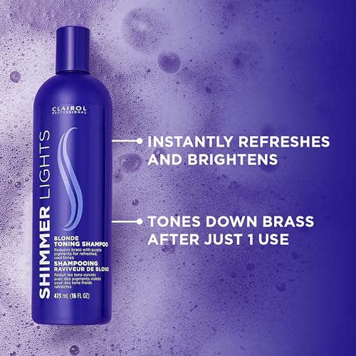 Clairol Professional Shimmer Lights Purple Shampoo  Neutralizes Brass & Yellow Tones   For Blonde  Silver  Gray & Highlighted Hair
