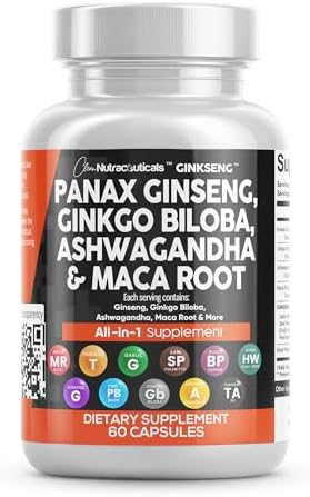 Clean Nutraceuticals Panax Ginseng Ginkgo Biloba Ashwagandha Maca Root   Focus Supplement Pills for Women and Men with Pine Bark Extract  Garlic  and Saw Palmetto   60 Caps