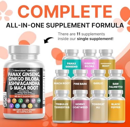 Clean Nutraceuticals Panax Ginseng Ginkgo Biloba Ashwagandha Maca Root   Focus Supplement Pills for Women and Men with Pine Bark Extract  Garlic  and Saw Palmetto   60 Caps
