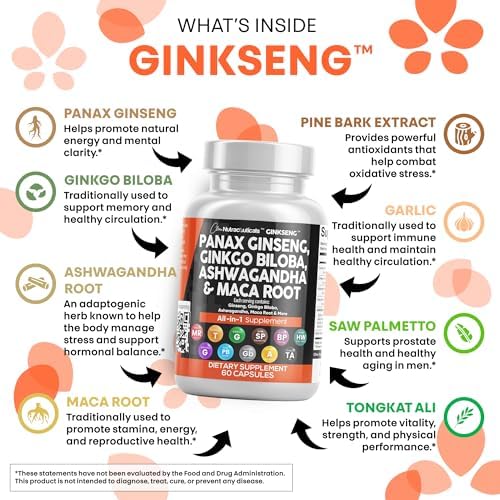 Clean Nutraceuticals Panax Ginseng Ginkgo Biloba Ashwagandha Maca Root   Focus Supplement Pills for Women and Men with Pine Bark Extract  Garlic  and Saw Palmetto   60 Caps