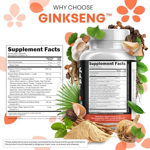 Clean Nutraceuticals Panax Ginseng Ginkgo Biloba Ashwagandha Maca Root   Focus Supplement Pills for Women and Men with Pine Bark Extract  Garlic  and Saw Palmetto   60 Caps