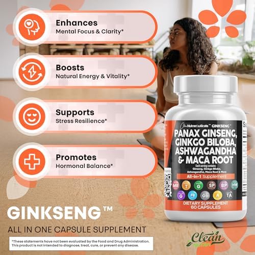 Clean Nutraceuticals Panax Ginseng Ginkgo Biloba Ashwagandha Maca Root   Focus Supplement Pills for Women and Men with Pine Bark Extract  Garlic  and Saw Palmetto   60 Caps
