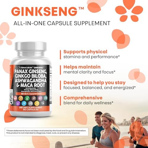 Clean Nutraceuticals Panax Ginseng Ginkgo Biloba Ashwagandha Maca Root   Focus Supplement Pills for Women and Men with Pine Bark Extract  Garlic  and Saw Palmetto   60 Caps