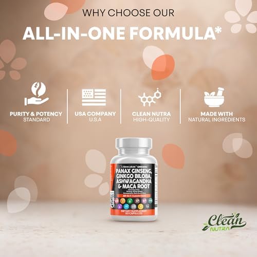 Clean Nutraceuticals Panax Ginseng Ginkgo Biloba Ashwagandha Maca Root   Focus Supplement Pills for Women and Men with Pine Bark Extract  Garlic  and Saw Palmetto   60 Caps