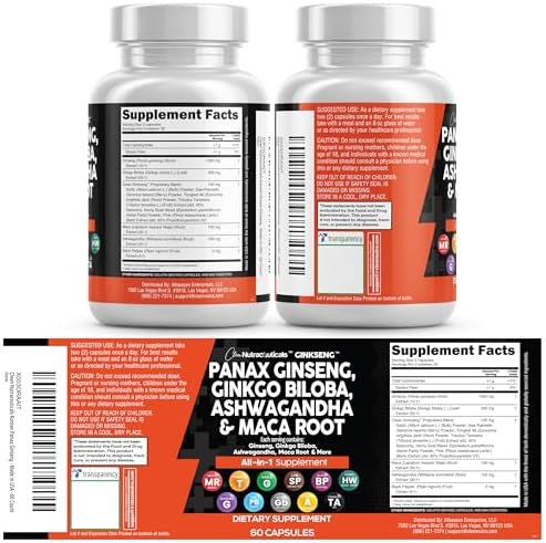 Clean Nutraceuticals Panax Ginseng Ginkgo Biloba Ashwagandha Maca Root   Focus Supplement Pills for Women and Men with Pine Bark Extract  Garlic  and Saw Palmetto   60 Caps