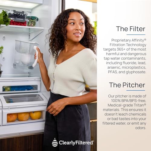 Clearly Filtered No 1 Filtered Water Pitcher/Updated Model/Targets 365  Contaminants e g  Fluoride Chlorine PFAS Microplastics Lead Arsenic BPA/BPS Free  Pitcher Includes 1 Filter 