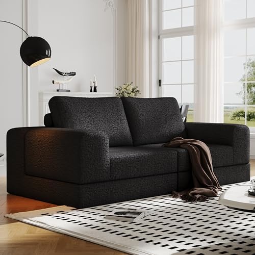 Cloud Modular Sectional Sofa  DIY Combination Modular Couch for Living Room  Unique Knitted Fabric Love Seat Couches with 2 Pillows  2 Seater Comfy Sectional Couch with No Assembly  Black 