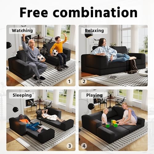 Cloud Modular Sectional Sofa  DIY Combination Modular Couch for Living Room  Unique Knitted Fabric Love Seat Couches with 2 Pillows  2 Seater Comfy Sectional Couch with No Assembly  Black 