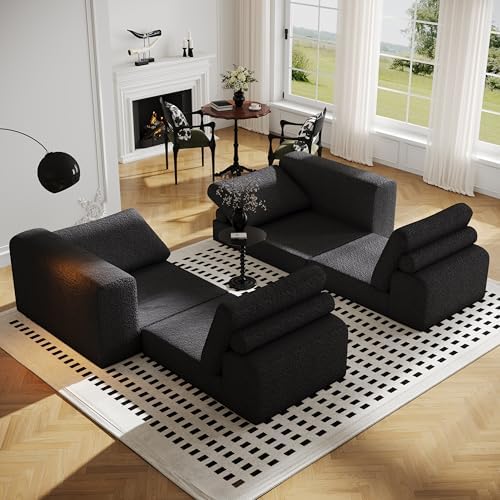 Cloud Modular Sectional Sofa  DIY Combination Modular Couch for Living Room  Unique Knitted Fabric Love Seat Couches with 2 Pillows  2 Seater Comfy Sectional Couch with No Assembly  Black 