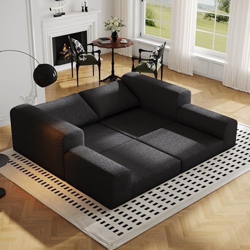 Cloud Modular Sectional Sofa  DIY Combination Modular Couch for Living Room  Unique Knitted Fabric Love Seat Couches with 2 Pillows  2 Seater Comfy Sectional Couch with No Assembly  Black 