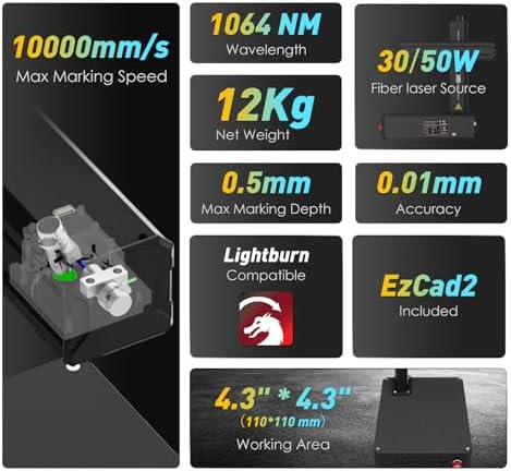 Cloudray 30W Fiber Laser Engraver & Cutter  Class 1  Laser Marking Machine for Metal Fabrication  Silver  Metal Marking  Stainless Steel  Name Card  Portable Laser Engraver & Etching Machine 30 000mW