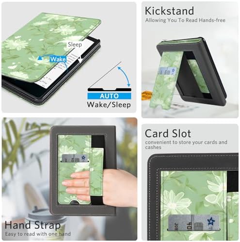 CoBak Case with Stand for Kindle Paperwhite 12th Gen 2024 Released  7  & Kindle Colorsoft Signature Edition   Durable PU Leather Cover with Auto Sleep Wake  Card Slot  Hand Strap Feature  Sage Green