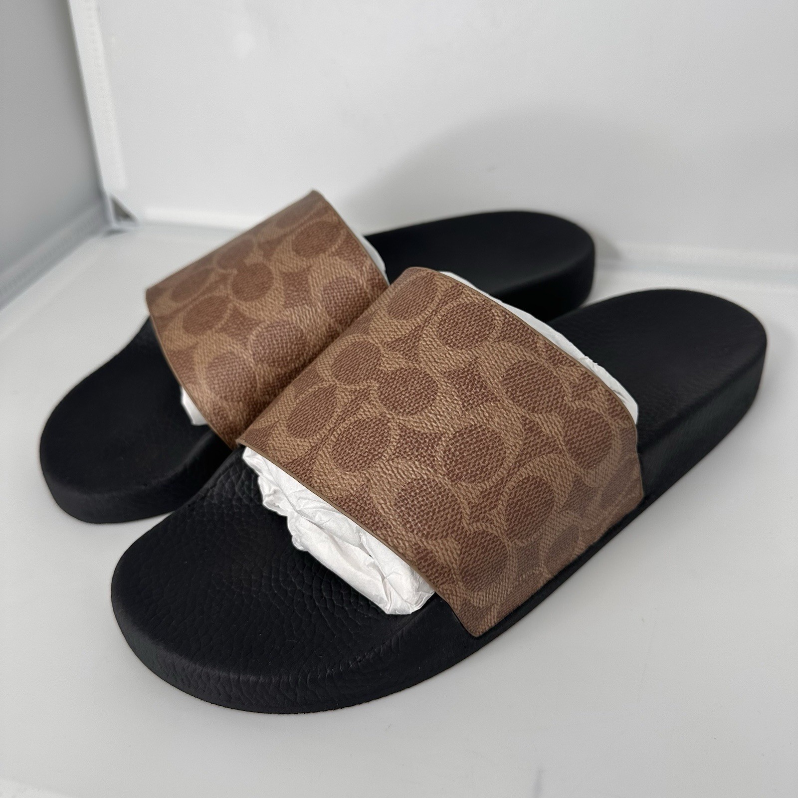 Coach Signature Logo Canvas Pool Slide Sandals Tan Men s US Size 10 D