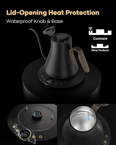 Cocinare Gooseneck Electric Kettle   1 F Precise Temperature Control  1500W Fast Heating  Pour Over Coffee & Tea Kettle with Brew Timer & Keep Warm  Stainless Steel  0 9L  Goya Walnut 