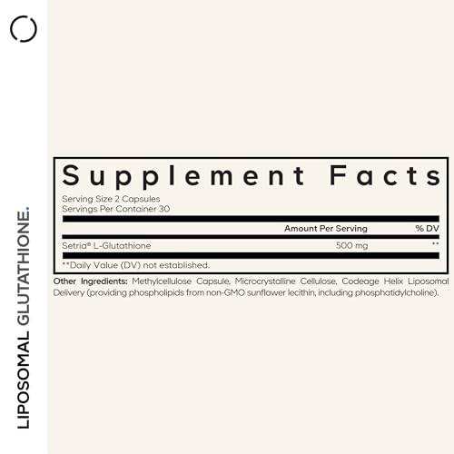 Codeage Suplemento de glutatión liposomal - Piel de glutatión de Setria L puro reducido - Píldoras en polvo de glutatión nanoencapsulado - Fosfolípidos - Complejo antioxidante - Vegano, sin OMG - 60 cápsulas