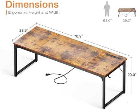Coleshome 71 Inch Computer Desk with USB Ports  Large Office Desk  Long Study Student Writing Desk  Rustic Brown