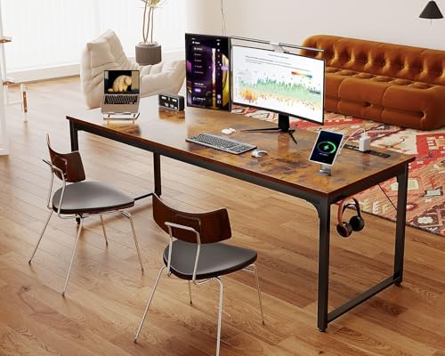Coleshome 71 Inch Computer Desk with USB Ports  Large Office Desk  Long Study Student Writing Desk  Rustic Brown