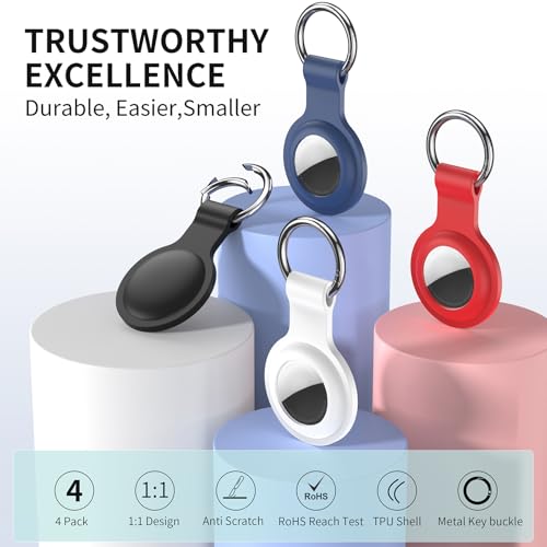 Compatible with AirTag Holder Case Keychain 4 Pack Silicone Key Chain Ring Cases Cover Tags GPS Tracker Item Tag Finders Accessories for Kids Bags Luggages