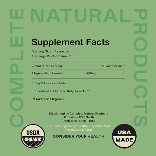 Complete Natural Products Raw Sea Kelp Powder Supplement   600mg Capsules 100 Pills Powdered Raw Seaweed & Thyroid Support Supplement