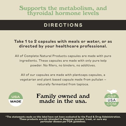 Complete Natural Products Raw Sea Kelp Powder Supplement   600mg Capsules 100 Pills Powdered Raw Seaweed & Thyroid Support Supplement