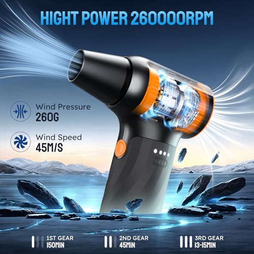 Compressed Air Duster  260000RPM Cordless Electric Air Blower with Brushless Motor  3 Speed Adjustable & Rechargeable   Powerful Dust Cleaner for Keyboard  Computer  Car  Outdoor  Air Bed