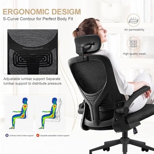 Computer Chair  Ergonomic Office Chair High Back with Adjustable Lumbar Support & Headrest  Breathable Mesh Desk Chair  Flip Up Arms  350 lbs Capacity