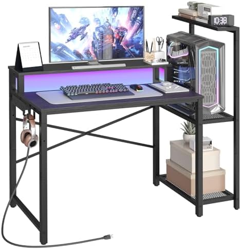 Computer Desk with LED Light and Power Outlet  Small Gaming Desk with Monitor Stand  Reversible Game Table with 2 Side Hooks  Home Office Desk for Living Room  Bedroom  Black DN06UDBB