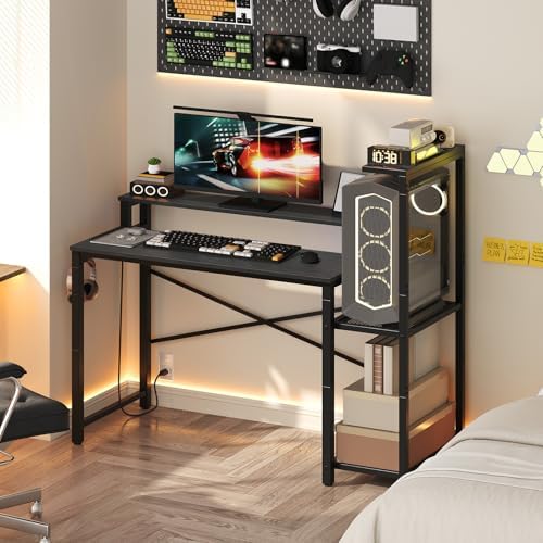 Computer Desk with LED Light and Power Outlet  Small Gaming Desk with Monitor Stand  Reversible Game Table with 2 Side Hooks  Home Office Desk for Living Room  Bedroom  Black DN06UDBB