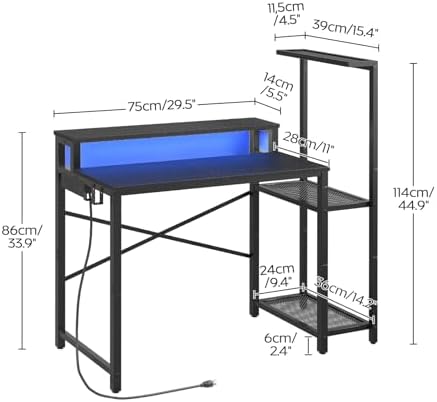 Computer Desk with LED Light and Power Outlet  Small Gaming Desk with Monitor Stand  Reversible Game Table with 2 Side Hooks  Home Office Desk for Living Room  Bedroom  Black DN06UDBB