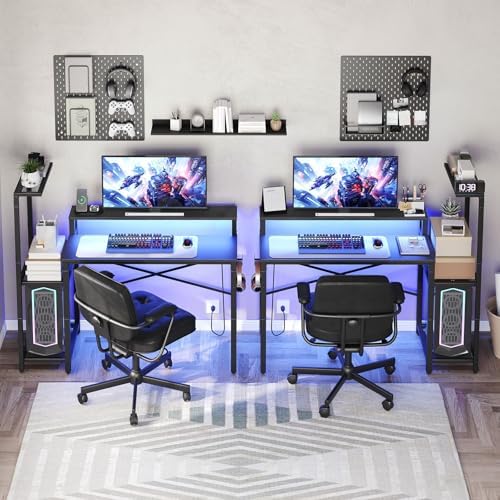 Computer Desk with LED Light and Power Outlet  Small Gaming Desk with Monitor Stand  Reversible Game Table with 2 Side Hooks  Home Office Desk for Living Room  Bedroom  Black DN06UDBB