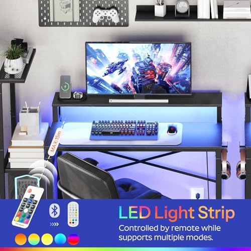 Computer Desk with LED Light and Power Outlet  Small Gaming Desk with Monitor Stand  Reversible Game Table with 2 Side Hooks  Home Office Desk for Living Room  Bedroom  Black DN06UDBB