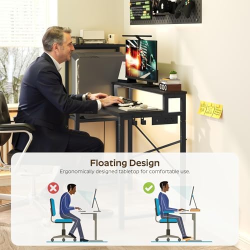 Computer Desk with LED Light and Power Outlet  Small Gaming Desk with Monitor Stand  Reversible Game Table with 2 Side Hooks  Home Office Desk for Living Room  Bedroom  Black DN06UDBB