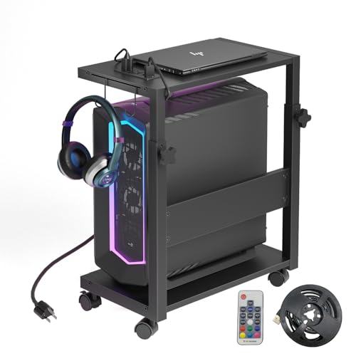 Soporte de torre para computadora con tira de luz LED, soporte móvil con ruedas para CPU, soporte de torre para PC de altura ajustable con estación de carga para oficina y hogar.