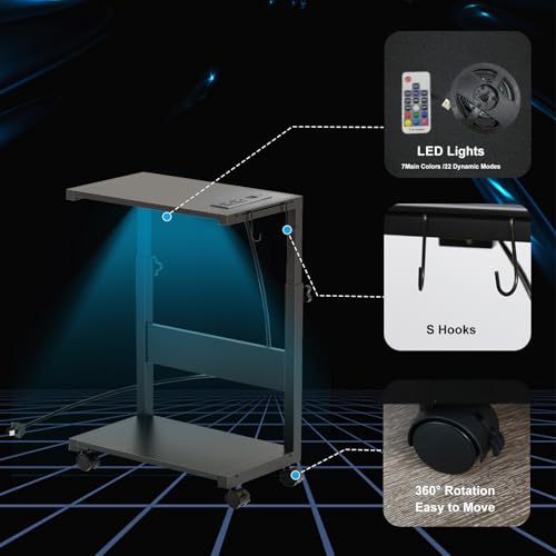 Soporte de torre para computadora con tira de luz LED, soporte móvil con ruedas para CPU, soporte de torre para PC de altura ajustable con estación de carga para oficina y hogar.