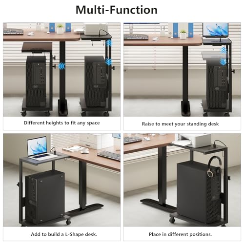 Soporte de torre para computadora con tira de luz LED, soporte móvil con ruedas para CPU, soporte de torre para PC de altura ajustable con estación de carga para oficina y hogar.