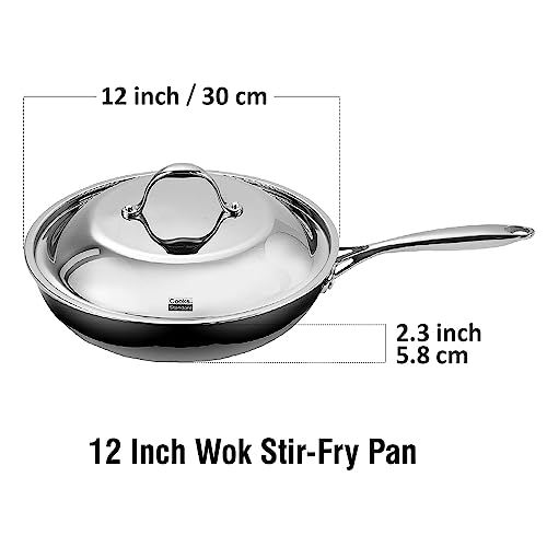 Cooks Standard Stainless Steel Frying Pan 12 Inch  Multi Ply Full Clad Wok Stir Fry Cooking Skillet Pans with Dome Lid  Stay Cool Handle  Dishwasher Safe  Oven Safe 500 F  Silver