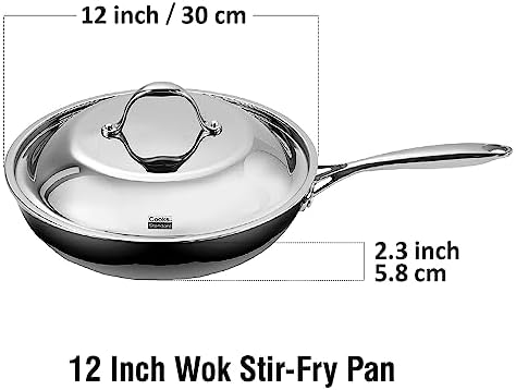 Cooks Standard Stainless Steel Frying Pan 12 Inch  Multi Ply Full Clad Wok Stir Fry Cooking Skillet Pans with Dome Lid  Stay Cool Handle  Dishwasher Safe  Oven Safe 500 F  Silver