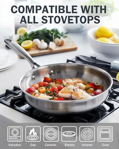 Cooks Standard Stainless Steel Frying Pan 12 Inch  Multi Ply Full Clad Wok Stir Fry Cooking Skillet Pans with Dome Lid  Stay Cool Handle  Dishwasher Safe  Oven Safe 500 F  Silver