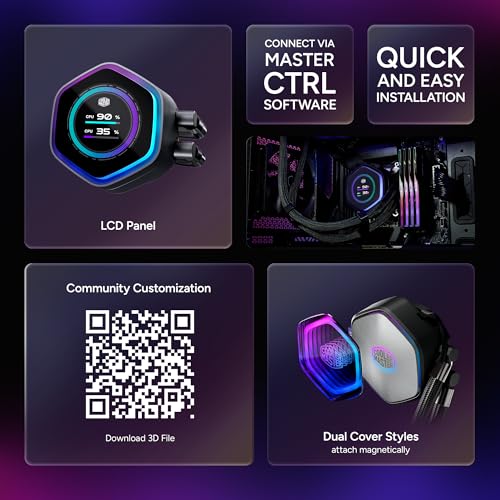 Cooler Master Atmos II 360 LCD AIO CPU Liquid Cooler   360mm Radiator  Customizable LCD Display  3X ARGB PWM Fans  Dual Chamber Pump  Low Noise  AMD AM5/AM4 & Intel LGA 1851/1700  Black
