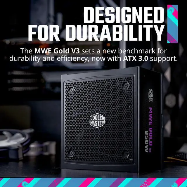 Cooler Master MWE Gold 850 V3 ATX 3 1 Full Modular PSU  850W  80  Gold Efficiency  90  12VHPWR 600W PCIe 5 1  Japanese Capacitors  Zero RPM Mode  Hexagonal Fan Cover  10 Year