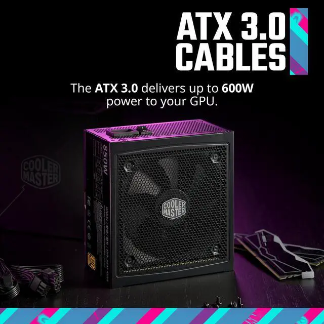 Cooler Master MWE Gold 850 V3 ATX 3 1 Full Modular PSU  850W  80  Gold Efficiency  90  12VHPWR 600W PCIe 5 1  Japanese Capacitors  Zero RPM Mode  Hexagonal Fan Cover  10 Year