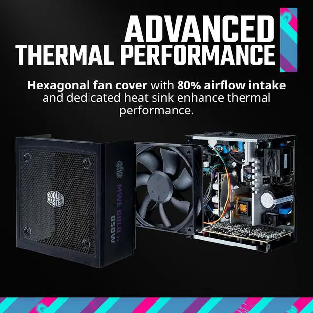 Cooler Master MWE Gold 850 V3 ATX 3 1 Full Modular PSU  850W  80  Gold Efficiency  90  12VHPWR 600W PCIe 5 1  Japanese Capacitors  Zero RPM Mode  Hexagonal Fan Cover  10 Year