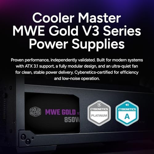 Cooler Master MWE Gold 850 V3 Fully Modular Power Supply   850W 80  Gold Certified PSU  Cybenetics Platinum  90  12V 2x6 PCIe 5 1  ATX 3 1 Support  Low Noise Zero RPM Mode  10 Year Warranty