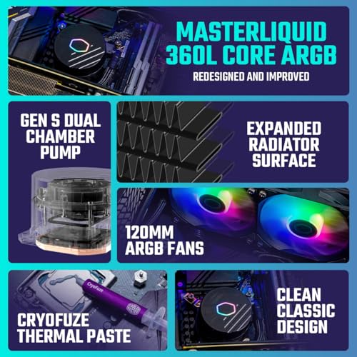 Cooler Master MasterLiquid 360L Core ARGB CPU Liquid Cooler   Dual Chamber Gen S Pump  Superior Radiator and 120 mm ARGB Fans  LGA 1700 and AM5 Brackets   Black