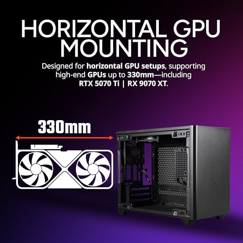 Cooler Master NR200 Mini ITX PC Case Ready Horizontal GPU Mount Designed Ready Nvidia RTX 5070 Ti AMD RX 9070 XT SFX PSU Ready to Install Airflow Up To 6 Fans Vented Panels DIY