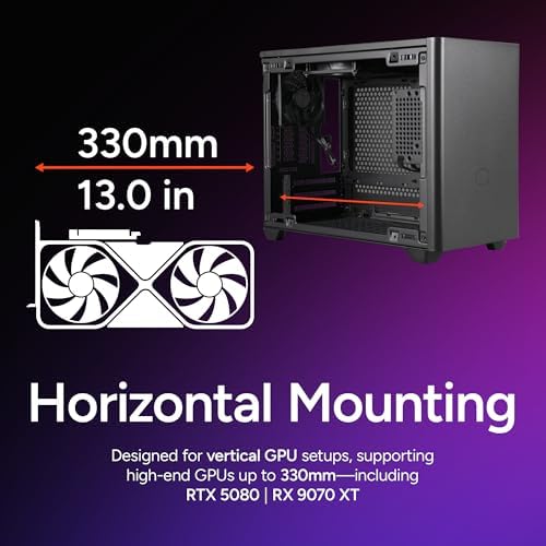 Cooler Master NR200 Mini ITX PC Case Ready  Horizontal GPU Mount  Designed Ready Nvidia RTX 5070 Ti   AMD RX 9070 XT  SFX PSU   Ready to Install  Airflow Up To 6 Fans  Vented Panels  DIY