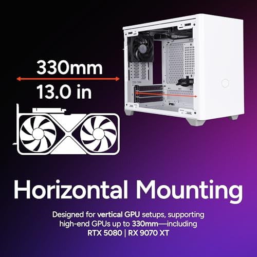 Cooler Master NR200 White Mini ITX PC Case Ready  Horizontal GPU Mount  Designed Ready Nvidia RTX 5070 Ti   AMD RX 9070 XT  SFX PSU   Ready to Install  Airflow Up To 6 Fans  Vented Panels  DIY
