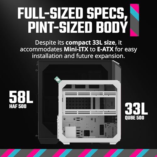 Cooler Master QUBE 500 Flatpack Macaron High Airflow Gaming ATX PC Mid Tower  Customizable  Tempered Glass  Vertical GPU Mount  365mm GPU Clearances  USB C  Carrying Handle  Gem Mini